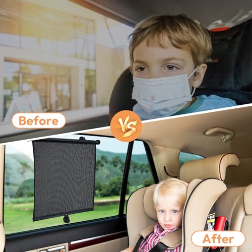2 Pack Car Side Window Sun Shade - Retractable Car Roller Sunshadewith Reinforced Suction Cups, Drop Down UV Interior Sunshade, Stroller Window Sunshade (15" x 17")