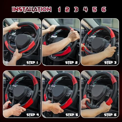 Soft Leather Steering Wheel Cover with Breathable Design and Anti-Slip Grip, Specially Designed for 14.5-15.2 inch Circular Steering Wheels - color: DOUBLE-RED