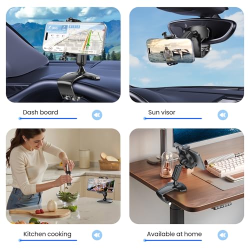Car Phone Holder Dashboard Phone Mount, 2025 Upgraded 360 Degree Rotation Multifunctional Clip Design, Universal Car Phone Mount Compatible with 4–7 Inch Cell Phones (Black)