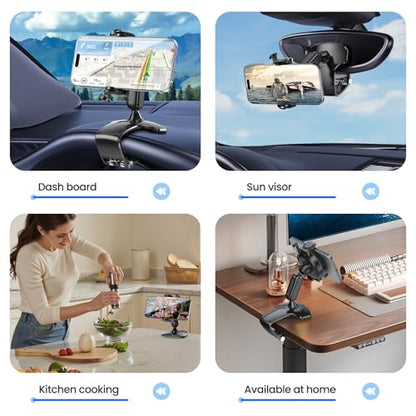 Car Phone Holder Dashboard Phone Mount, 2025 Upgraded 360 Degree Rotation Multifunctional Clip Design, Universal Car Phone Mount Compatible with 4–7 Inch Cell Phones (Black)