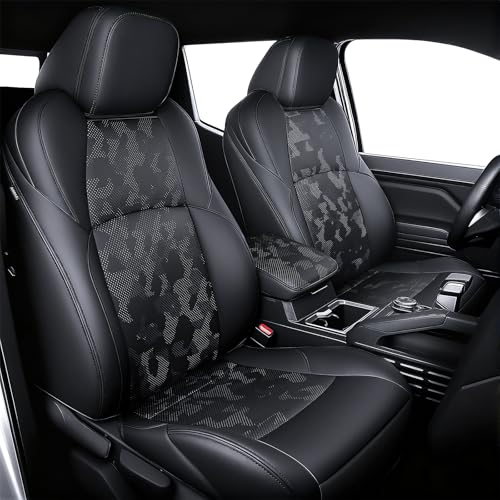 Leather Seat Covers Custom Fit for 2024-2026 Tacoma Gen 4th Double Cab - Fully Covered - Fit Like a Glove - Center Console Armrest Covers Included - Camouflage Black & Black Stitching - color: ( CamoBlack-Black Stitching ) & Full Set, size: For Tacoma Gen