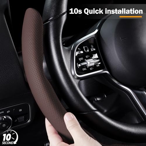 Nappa Leather Car Steering Wheel Cover for Men Women, Ultra-Thin Non-Slip Breathable Microfibre, Universal for 14.5"-15" Steering Wheel - Brown - color: Brown