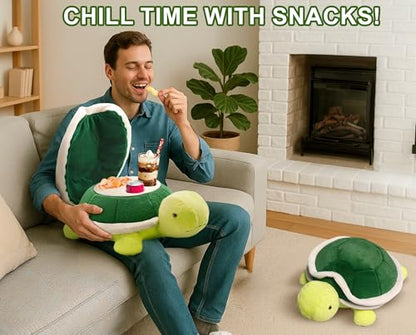 Couch Cup Holder Pillow Tray & Caddy,Headrest and Giant Turtle Stuffed Animal-For Sofa, Bed, Car，Camping, Double Smooth zippers for the shell, soft plush.Spill-Proof Machine Washable tray (23inches）