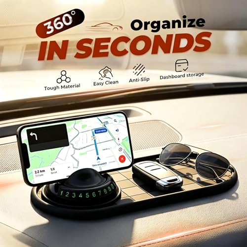 Multifunction Car Anti-Slip Mat Phone Holder, Dashboard Anti Slip Pad for Car with 360° Rotating Cell Phone Holder & Parking Number, Organizer for Phone, Keys, Sunglasses (Black & Brown) - color: Black & Brown