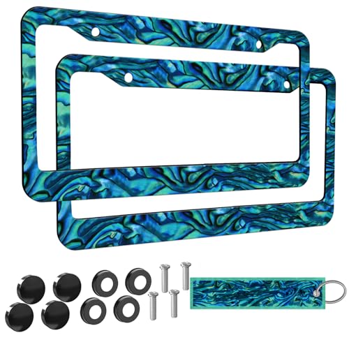 2pcs Faux Abalone License Plate Frame for Women, car Decorative tag Frames Girly, Faux Abalone License Plate Cover Holder for Vehicle with Double Sided car Keychain tag - color: for Faux Abalone
