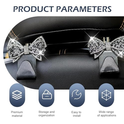 2 PCS Bling Car Seat Headrest Hooks, Crystal Rhinestone Bow Vehicle Hooks, Automotive Purse Hook Hanger for Purses Bags Groceries, Universal Car Rear Seat Organizer (Black) - color: Black