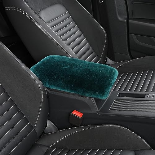 Genuine Sheepskin Center Console Cover Pad Genuine Furry Fluffy Wool Fur Car Armrest Cover Protector Universal Fit for SUV/Truck/Car - color: Shearling-Dark Green
