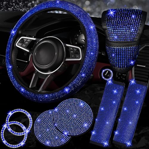 NBTEPEM 8 pcs Blue Bling Car Accessories Set for Women, Steering Wheel Cover, Sparkly Seat Belt Covers, Bling Gear Shift Cover, Universal Fit Most Cars (Blue Diamond) - color: Blue Diamond, size: Steering Wheel Cover Set