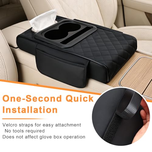 Car Armrest Cushion,Multifunctional Center Console Cover with 2 Storage Bags Cup Holder,Tissue Box Slot & Phone Storage,Car Storage Organizer Interior Accessories,Black