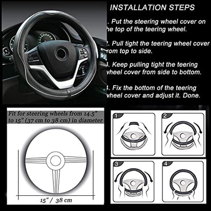 Rueesh Microfiber Leather Steering Wheel Cover Anti-Slip Matte Finish Auto Car Wheel Cover Universal 15 Inch Wheel Cover for Car Embossing Pattern (M (14.5"-15" Diameter), White Line) - color: White