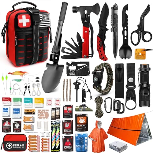 Survival First Aid Kit, 190 Pcs Survival Gear and Medical Supplies, Military IFAK EMT Molle Tactical Pouch for Outdoor, Camping, Hiking, Car, Vehicles and More - color: Red