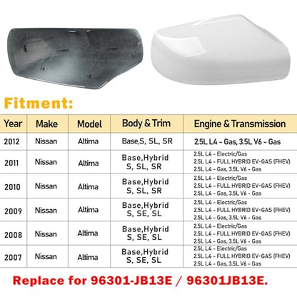 Moonlinks Mirror Cover Replacement Compatible With Nissan Altima 2.5L 2007 2008 2009 2010 2011 2012, Pearly White Right Passenger Side Clip-on Mirror Cap WITHOUT Turn Signal, Replace for 96301-JB13E - color: Right White