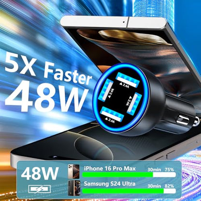 USB Car Carplay Charger, Rombica 4-Port 4.8A USB Car Power Adapter, 4 in 1 48W Fast Charging Cigarette Lighter for iPhone 17 17 Pro Max 16 15 14 13 12 11 Pro, Galaxy S26 S25 S24 S23, Pixel, iPad Pro - color: Deep Black