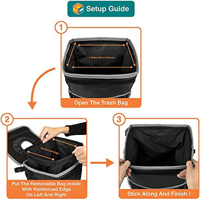 SUN CUBE Waterproof Car Trash Can with Lid, Mesh Pockets | Leakproof Car Garbage Can Hanging | Auto Trash Bin, Garbage Bag Organizer for Headrest, Console, Truck (Black/Gray) - color: Black with Gray Trim