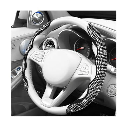 Bling Car Steering Wheel Cover, Rhinestones Non-Slip 15 Inches Vehicle Wheel Cover, Diamond Sparkling Steering Protector for Women Girls, Universal Automotive Accessories (White) - color: White