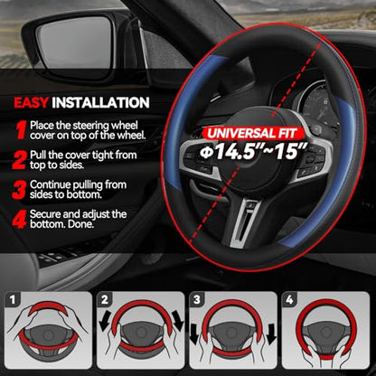 Auto Dynasty Steering Wheel Cover, Breathable Microfiber Leather Car Steering Wheel Protector with Black Blue Contrast Stitching, Anti-Slip, [14 1/2 to 15 Inches] Universal Fit Cars Trucks SUVs - color: Contrast Blue