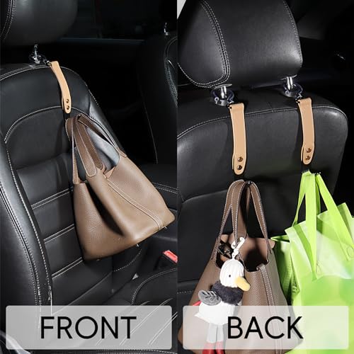 2-Pack Car Hook Holder - Leather Headrest Hooks for Purses & Bags, SUS304 (Light Brown) - color: Light Brown