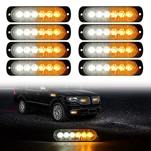 DIBMS LED Emergency Strobe Lights, 8X Amber White 6 LED Strobe Warning Emergency Flashing Light Caution Construction Hazard Light Bar for Car Truck Van Off Road Vehicle ATV SUV Surface Mount - color: Amber White