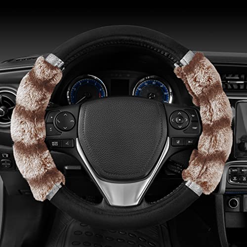 BDK Bear Fur Steering Wheel Cover, Plush Faux Fur Fuzzy Steering Cover for Car Truck Van SUV, Standard Size Fits Wheels 14.5-15 in Diameter, Two Tone Black/Brown with Glitter - color: #39 Brown with Glitter, size: Fits 14.5 - 15" Sw