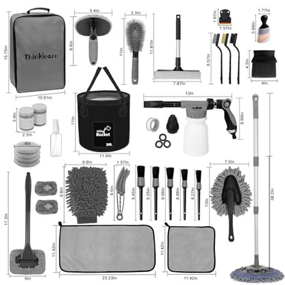 ThinkLearn Car Wash Detailing Kit with Foam Gun, Car Cleaning Kit Set,Car Wash Brush with Long Handle, Large Folding Bucket for Interior Exterior Car Wash Supplies, Car Gift Set Gray
