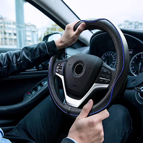 Rueesh Microfiber Leather Steering Wheel Cover Anti-Slip Matte Finish Auto Car Wheel Cover Universal 15 Inch Wheel Cover for Car Embossing Pattern Blue Line - color: Blue Line