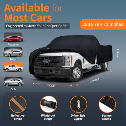 Waterproof Car Cover All-Weather, Heavy-Duty Outdoor Full Exterior Automobiles Snow Cover for Truck 243-250 inch with Sun Visor,Zippered & Storage Bag - Black - size: Fit Truck Length 243-250 inch(PK-XXL)