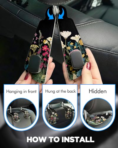 WOCOCN 2 Pack Car Purse Hook for Car Seat Headrest, Double-Sided PrintingPU Leather Purse Holder with Metal Hook, Cute Car Accessories for Women, Men (Car hook - Flower A) - color: Car hook - Flower A