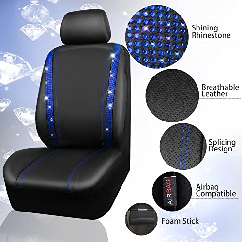 CAR PASS Bling Diamond Car Seat Covers Full Set, Shining Rhinestone Waterproof Faux Leather, Rear with Zipper, Universal Fit Automotive Glitter Crystal Sparkle Strips for Cute Women Girl, Blue - color: Blue Diamond, size: Full Set