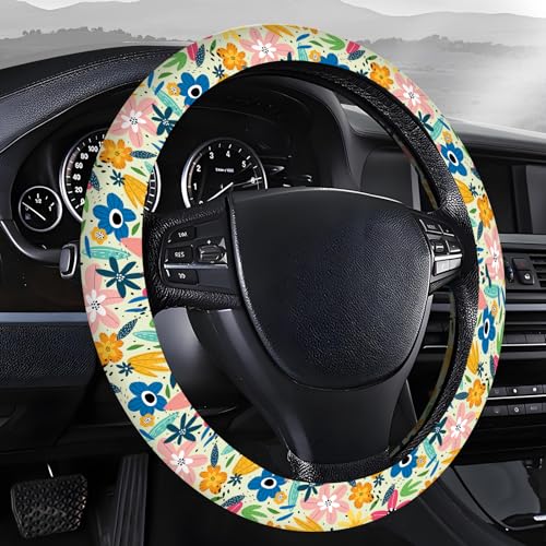 Steering Wheel Covers for Car, Truck, and SUV, Cute Non-Slip Breathable Elastic Steering Wheel, Car Accessories, Universal 15 Inch Leather Cover for Men Women Colorful Floral - color: Colorful Floral