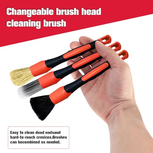 3PCS Car Detailing Brush Set, Ultra Soft Scratch-Free Boar Hair Detailing Brushes with Elbow, Auto Interior Exterior Cleaning Tool for Wheel Air Vent Leather Seat, Universal Fit (Red) - color: Red