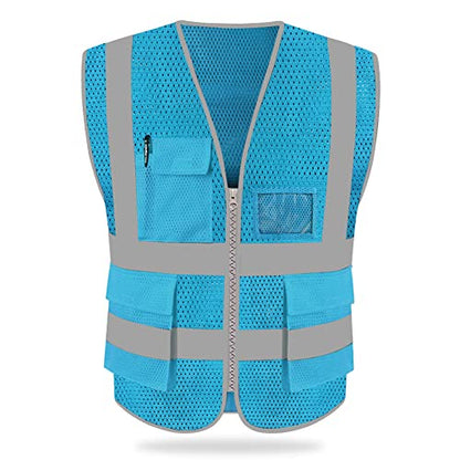 HYCOPROT High Visibility Mesh Safety Reflective Vest with Pockets and Zipper, Meets ANSI/ISEA Standards - color: Skyblue, size: 3X-Large