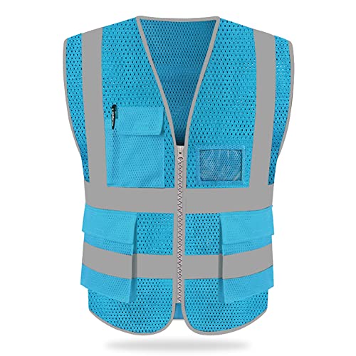 HYCOPROT High Visibility Mesh Safety Reflective Vest with Pockets and Zipper, Meets ANSI/ISEA Standards - color: Skyblue, size: 4X-Large