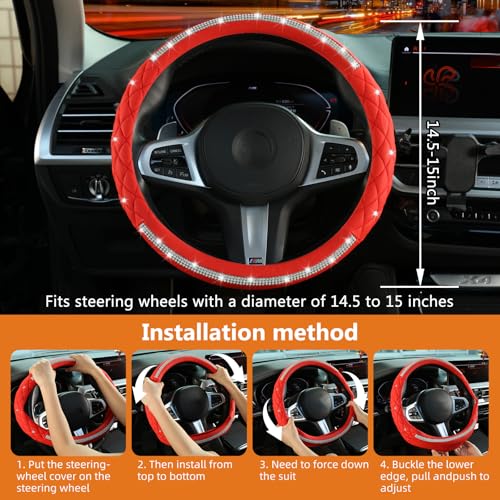 Diamond Steering Wheel Cover，with Bling Crystal Rhinestone, Delicate and Anti-Slip Sparkly Steering Wheel Cover ，Adaptable to 14.5-15 inches Car Wheel Protector for Women Girl，Car Accessories, Red - color: Red