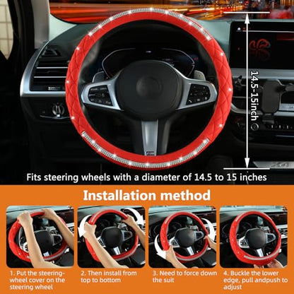 Diamond Steering Wheel Cover，with Bling Crystal Rhinestone, Delicate and Anti-Slip Sparkly Steering Wheel Cover ，Adaptable to 14.5-15 inches Car Wheel Protector for Women Girl，Car Accessories, Red - color: Red