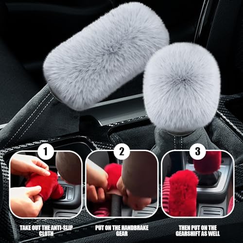 2PCS Plush Car Gear Shift Knob Cover & Handbrake Cover, Shift Knob Protector, Soft Fluffy Gear Handbrake Protective Sleeves, Shifter Lever Brake Handle Warm Plush Set for Cars (Gray) - color: Gray