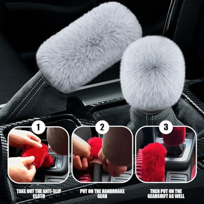 2PCS Plush Car Gear Shift Knob Cover & Handbrake Cover, Shift Knob Protector, Soft Fluffy Gear Handbrake Protective Sleeves, Shifter Lever Brake Handle Warm Plush Set for Cars (Gray) - color: Gray
