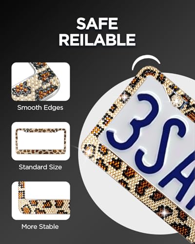 Leopard License Plate Frame 2 Pcs, Stylish Handcraft Rhinestone Diamond & Aluminum Chrome Body, Standard Durable Bling License Plate Frames Covers for Women, 4 Crystal Caps with Screw