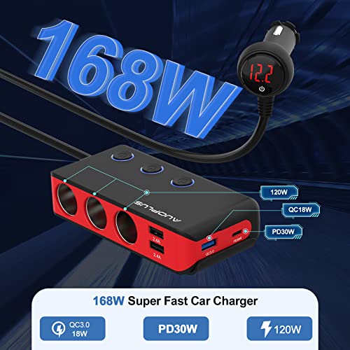 Car Cigarette Lighter Adapter, USB C Charger 30W and Quick Charge 3.0 Car Cigarette Lighter Splitter, 12V/24V Independent Switches, Fast Car USB Charger for All Car Devices, iPhone 14/13/12 pro - color: Black+Red