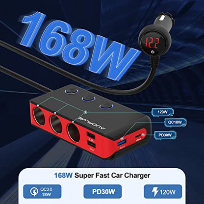 Car Cigarette Lighter Adapter, USB C Charger 30W and Quick Charge 3.0 Car Cigarette Lighter Splitter, 12V/24V Independent Switches, Fast Car USB Charger for All Car Devices, iPhone 14/13/12 pro - color: Black+Red