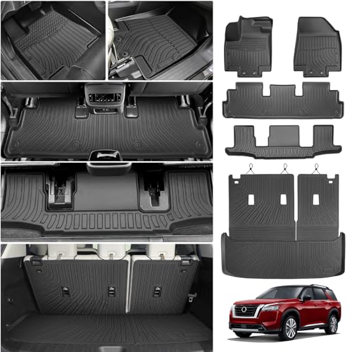 Cartist Floor Mats and Cargo Liner Fit for Nissan Pathfinder 7 Seats 2022-2026 All Weather TPE Floor Mat Pathfinder Accessories Heavy Duty Carpet Protection (Trunk Mat with Backrest Mat+Floor Mats) - size: 5)Nissan Pathfinder 7【22-26】Full set
