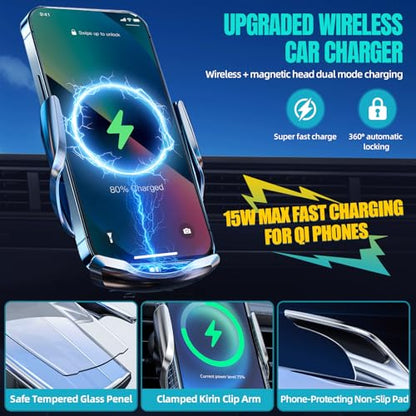 Wireless Car Charger, MAX 15W Fast Charging Auto Clamping, Sensing Phone Holder Mount, fit for iPhone 16 15 14 13 12 Pro Max Xs X, Samsung Galaxy S24 Ultra S23 S22 S21 S20 Note20 (1-Silver) - color: 1-Silver