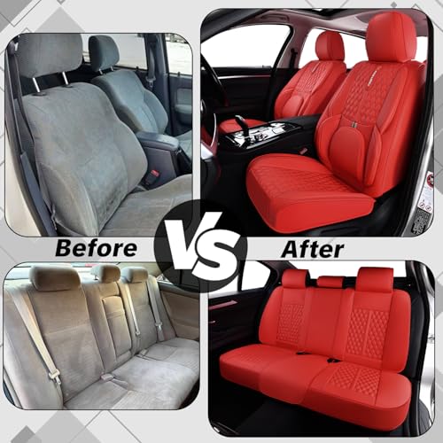 Red Car Seat Covers, Universal Fit for Most Vehicles, Premium Waterproof Leather, Pet-Friendly Car Seat Covers with Lumbar Support, Non-Slip, Airbag Compatible, Protects Car Interior - color: Red