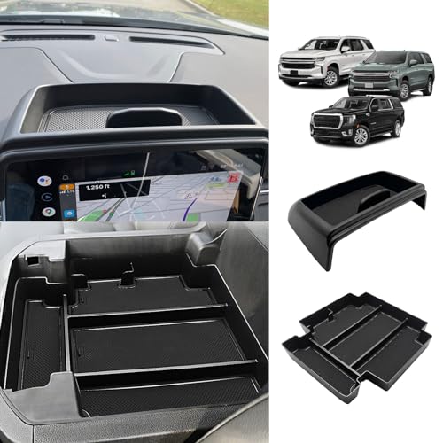 Muslogy for 2021-2024 Yukon Tahoe Suburban Sliding Center Console Armrest Organizer & Dash Storage Tray 2PCS Compatible with GMC Yukon Tahoe Suburban 2021 2022 2023 2024 Not for Denali (Console+Dash) - color: Black, size: 2PCS(Console Organizer+Dash Tray)