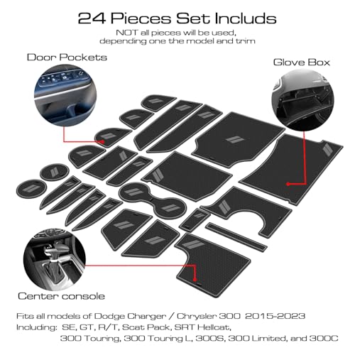 Fits Dodge Charger Accessories 2015-2023, Cup Holder Insert Center Console Shifter Liner Trim Interior Door Pocket Mats Pad (24pcs Set, Gray Trim) - color: Gray