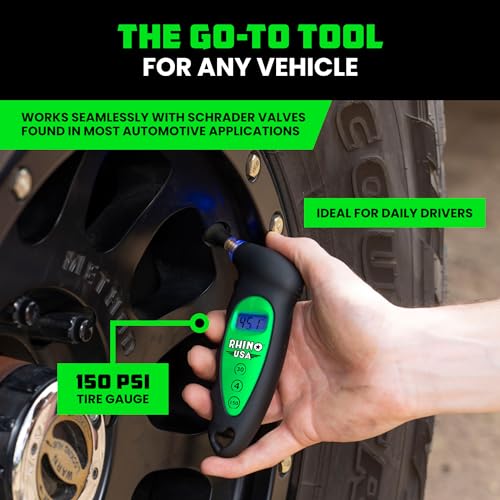 Rhino USA Digital Tire Pressure Gauge 150 PSI, 4 Ranges, Ergonomic Design w/Lighted Nozzle & LCD Backlit Display - Certified Accurate Readings, Best Digital Gage (Green) - color: Green