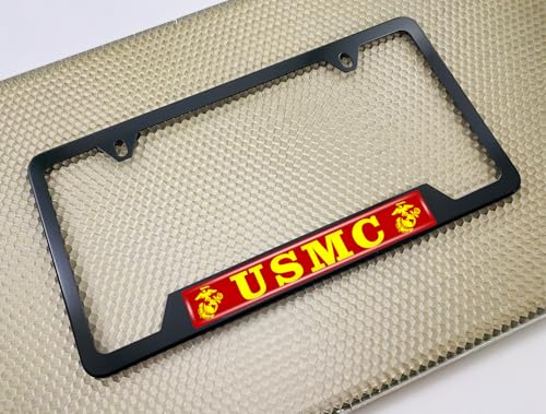 [Officially Licensed Product] - Stainless Steel Matte Black CAR 2-Hole Standard Size - Domed Custom-Made Corrosion-Resistant License Plate Frame with USMC Semper Fi, EGA Logo & Free caps - (Qty: 1) - size: USMC - EGA logo