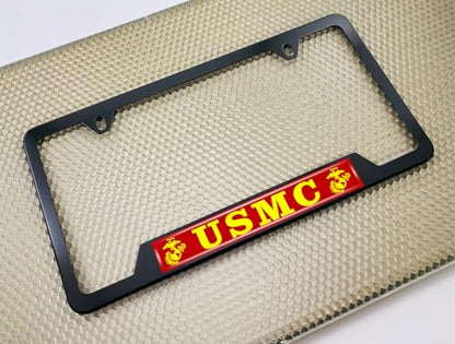 [Officially Licensed Product] - Stainless Steel Matte Black CAR 2-Hole Standard Size - Domed Custom-Made Corrosion-Resistant License Plate Frame with USMC Semper Fi, EGA Logo & Free caps - (Qty: 1) - size: USMC - EGA logo