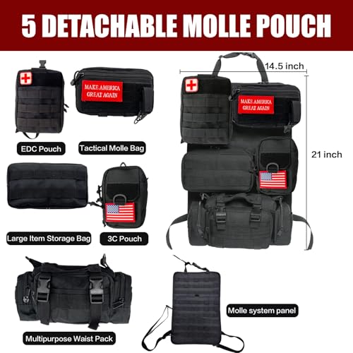 Tactical Car Seat Back Organizer,Tactical Molle Seat Back Organizer with 5 Detachable Molle Pouch,Velcro Label Can Be Removed,Universal Fits for Car Truck Jeep Vehicle - color: Red flag