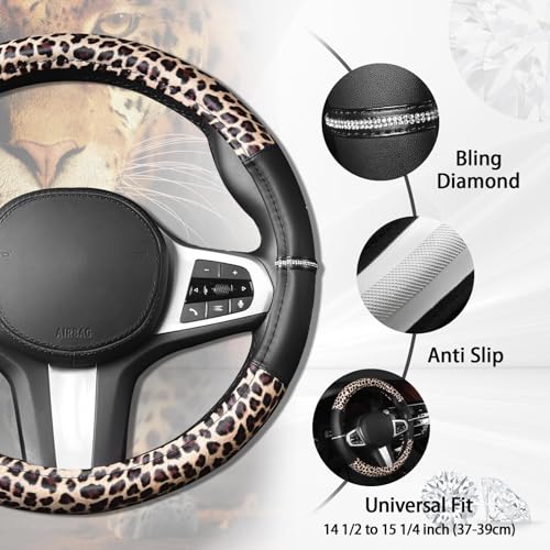 AUTOYOUTH Leopard Steering Wheel Cover - Bling Crystal Rhinestones Cheetah Print on Leather Non-Slip Breathable Design for Women/Girls Universal Fit 14.5-15 Inch(Black & Yellow) - color: BLACK AND WHITE