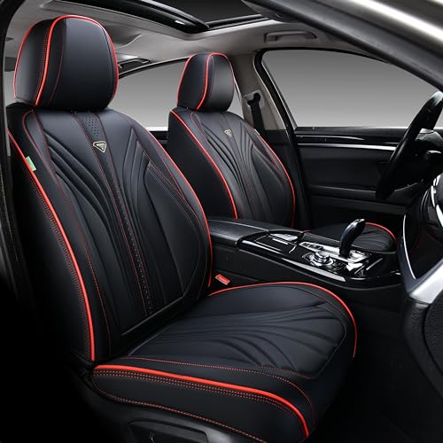 FLORICH Car Seat Covers, Front Seat Covers, 2 Pack Leather Seat Covers for Cars, Black and Red Car Seat Cushions Waterproof Automotive Driver Seat Covers Fit for Most Cars SUV Trucks - color: Black&Red line, size: Front